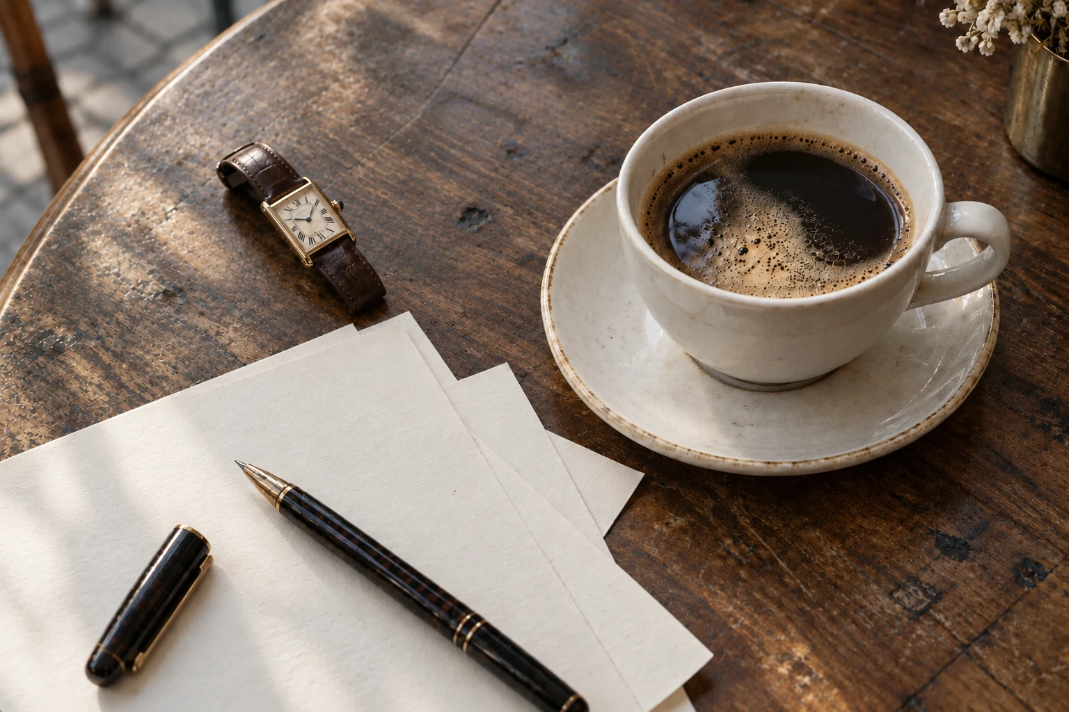 コーヒーと紙、ペンのある静かな時間をイメージした写真風ビジュアル。