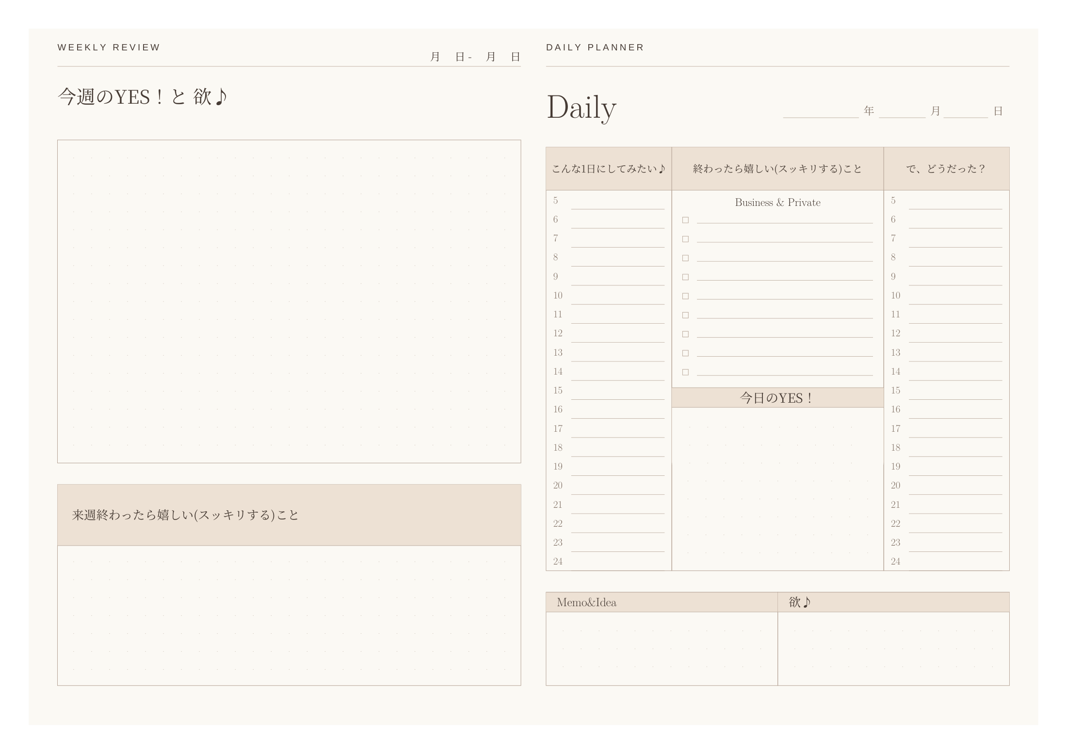 左にWEEKLY REVIEW、右にDAILY。今週のYESと欲、来週終わったらうれしいことを振り返る紙面。