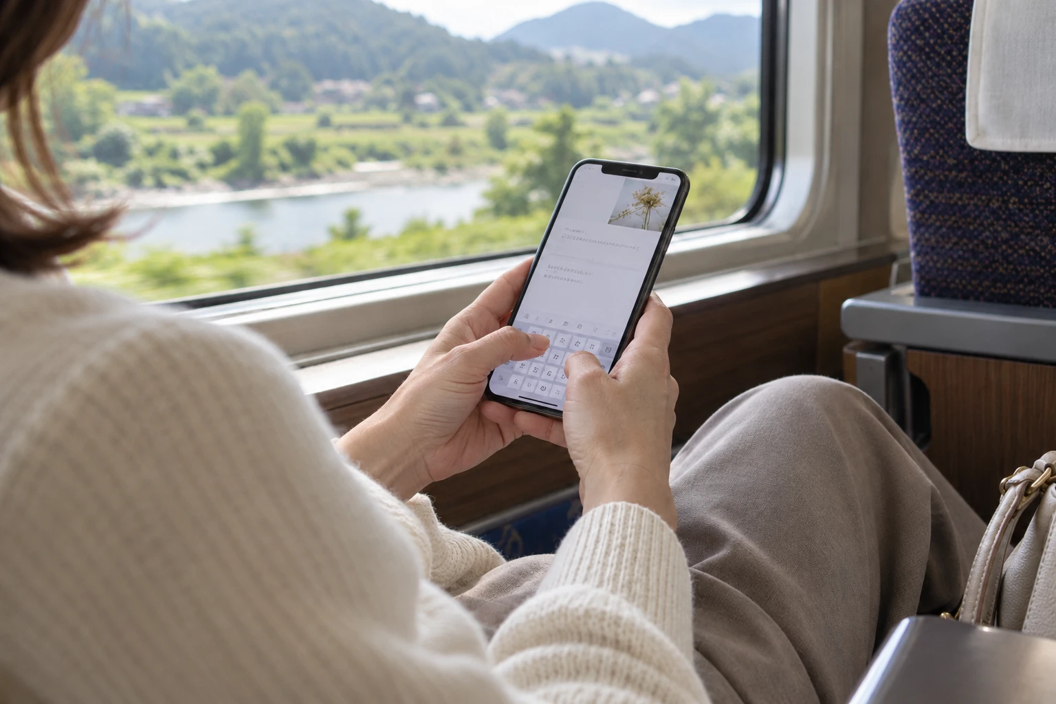 AIによるイメージ。列車の窓辺で、スマートフォンに言葉を入力する手元。