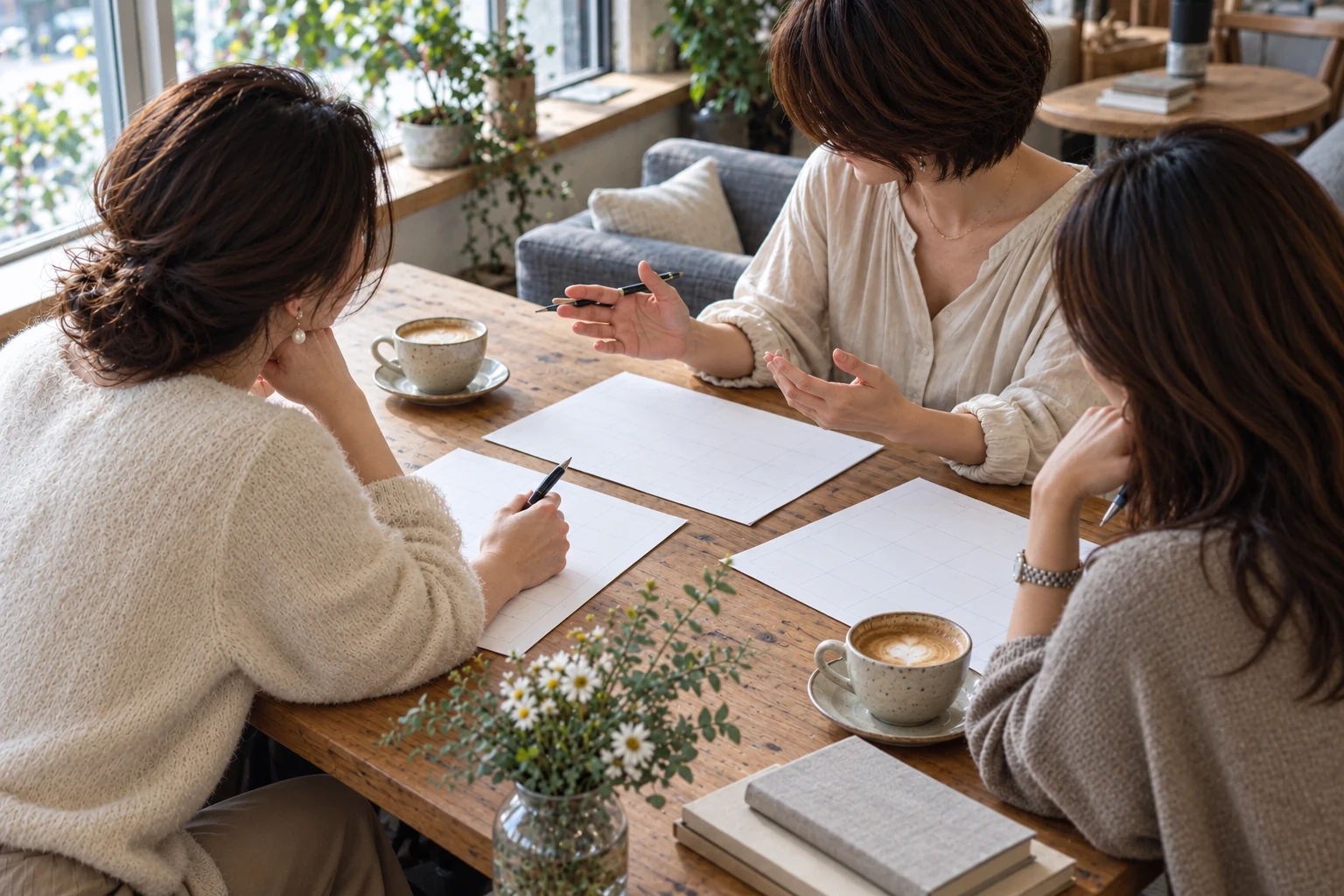 AIで制作したイメージ。シートとカフェラテを囲み、一緒に考える3人の女性。